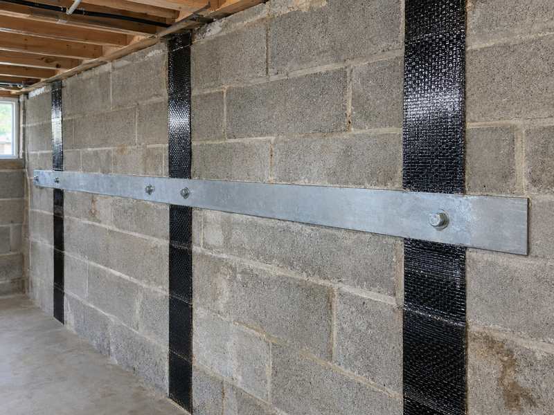 Carbon fiber straps reinforcing a bowing foundation wall in Greenville, SC