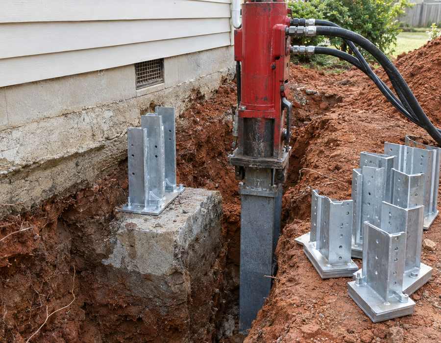 Foundation repair crew installing a steel pier at a Greenville, SC home